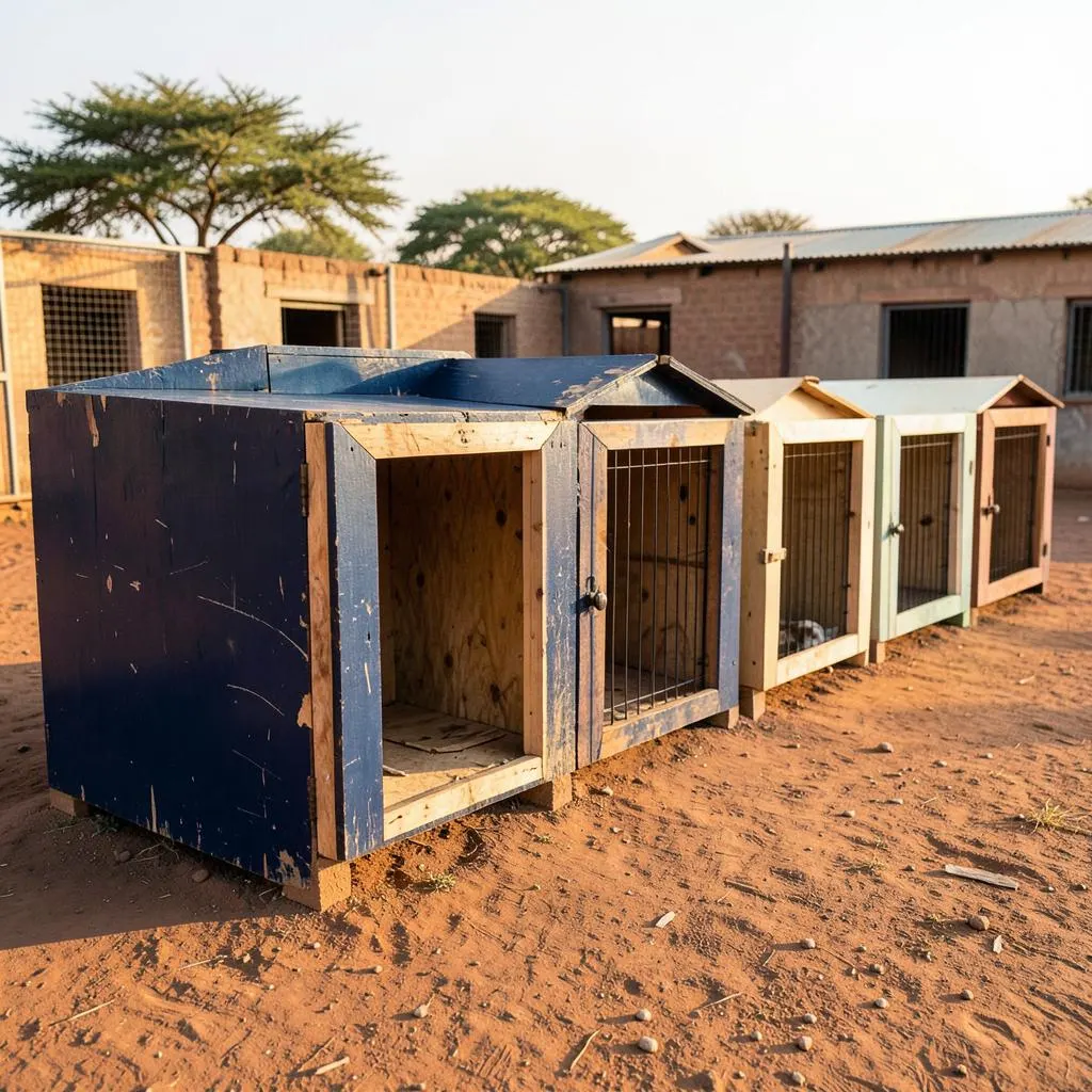 Dog kennels built from redundant print materials for Dog for Friend Foundation
