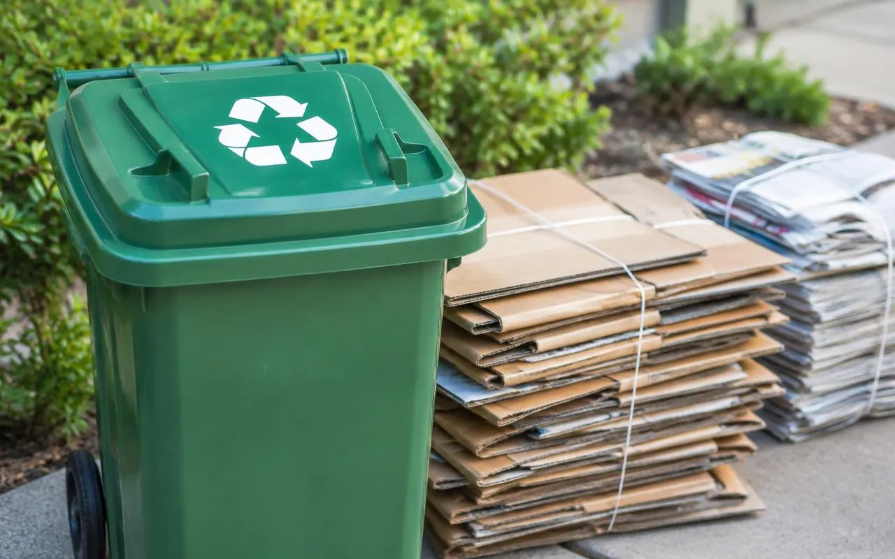 Green recycling bin beside stacked cardboard and paper